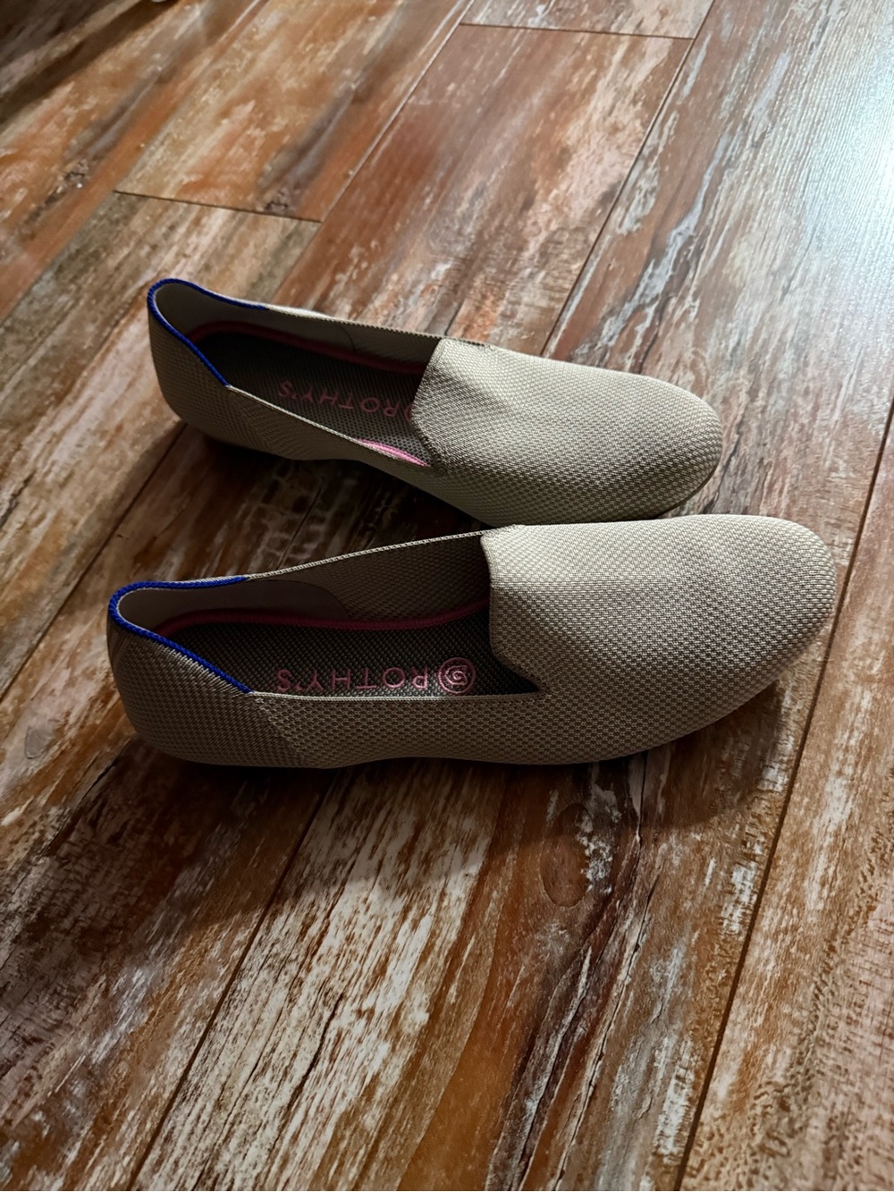 Rothy's Beige Slip-On Flats with Blue Trim
